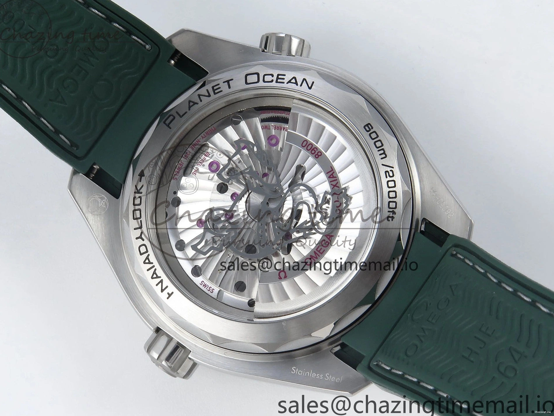 0401 Bold Seamaster Planet Ocean 600M 43.5mm SS SCF 1:1 Best Edition Green Bezel Gray Dial on Green Rubber Strap A8900 Super Clone 7666